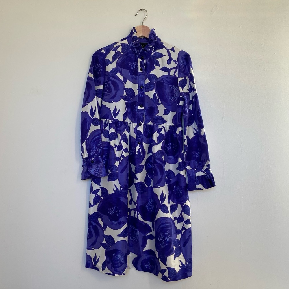 J. Crew Collection Silk Shirtdress Indigo Sheath Ruffle Collar Button Front 6